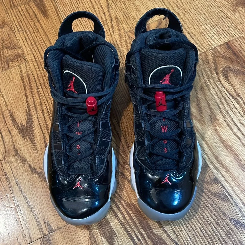Jordan 6 Rings Black/Gym Red/White Sneakers. Size 3.5Y. Excellent Condition.